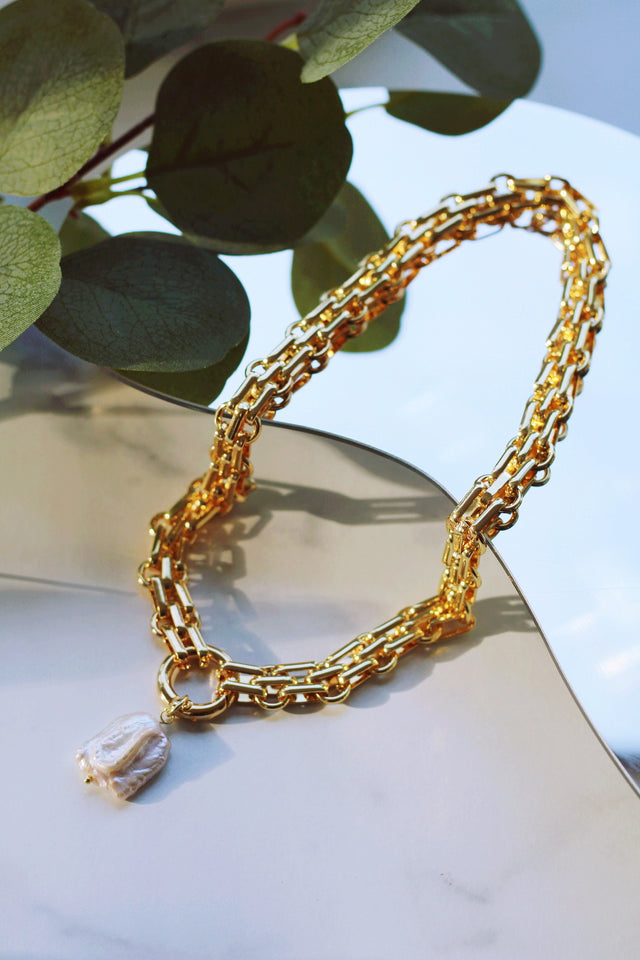 NORA DOUBLE CHAIN PEARL NECKLACE (NATURAL PEARL) (WATERPROOF)