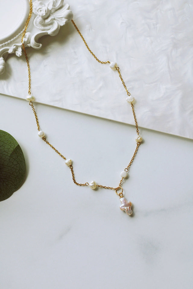 DAINTY BAROQUE PEARL CROSS NECKLACE (HANDMADE) (WATERPROOF & 18K GOLD PLATED)